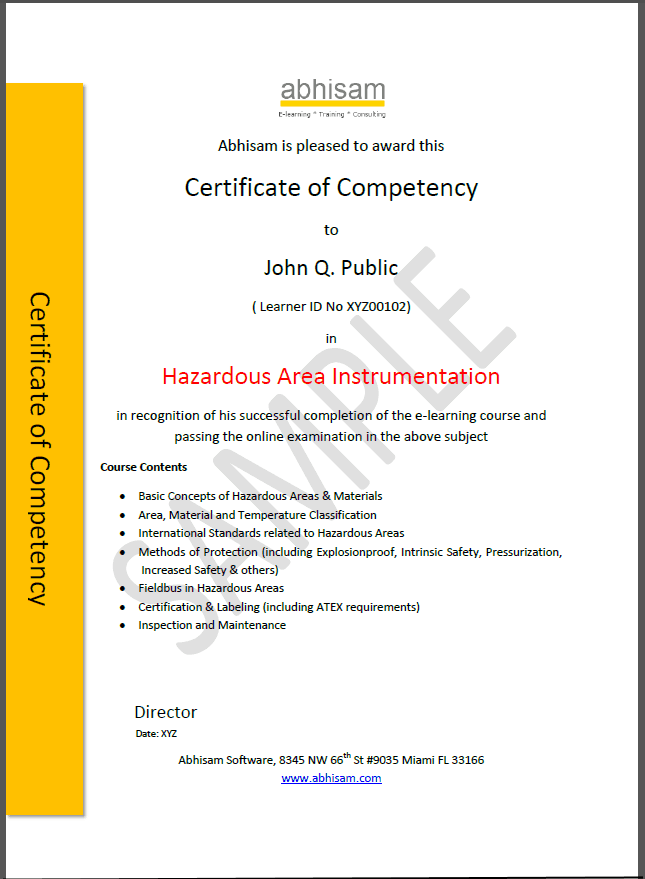Abhisam Hazardous Area Instrumentation Certificate